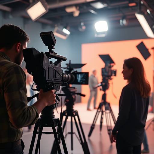 Fotograf铆a de un equipo de filmaci贸n trabajando en un set para un anuncio publicitario.